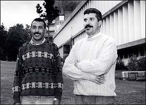 Moroccan physicists Prof. Mohammed Saber (left) and Prof. El Hassane Saidi at the Weizmann Institute's K.B. Weissmann Institute of Physical Sciences